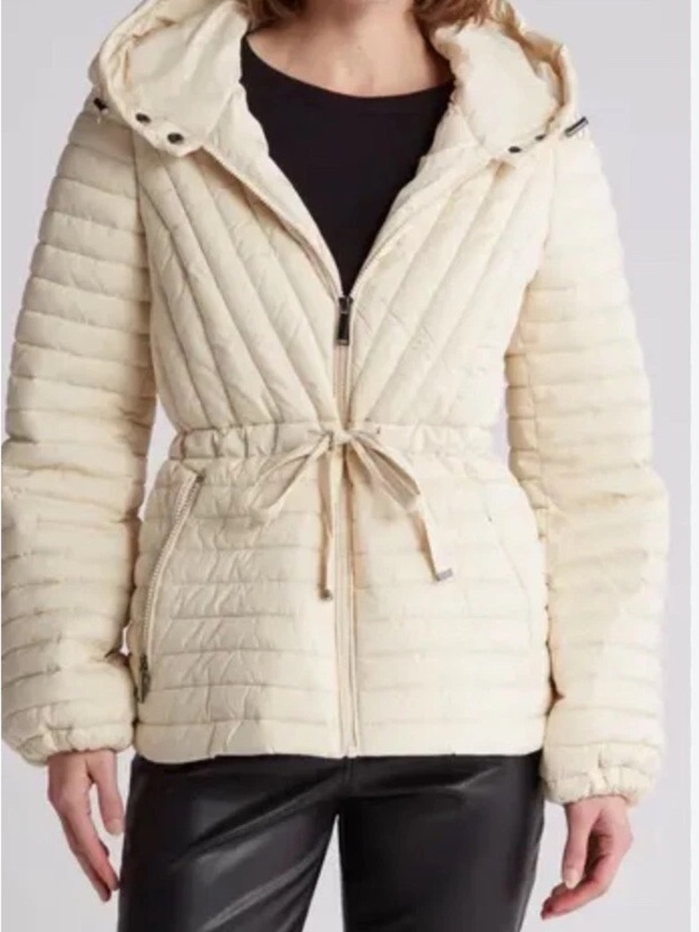 BCBGeneration Cream Quilted Hooded Jacket with Branded Zipper